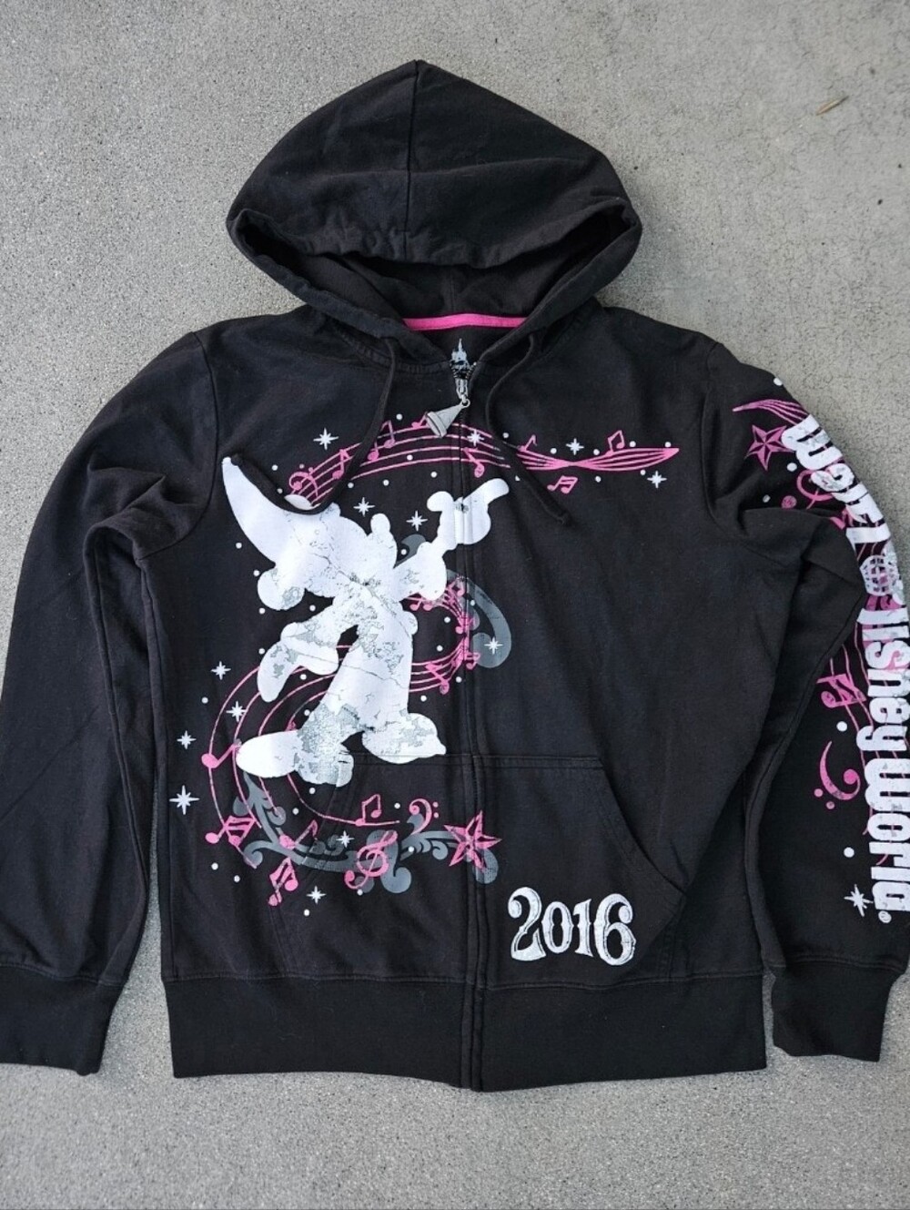 Walt Disney Y2K World Mickey Mouse Fantasia Zip Up Hoodie Black Pink Lg Felt